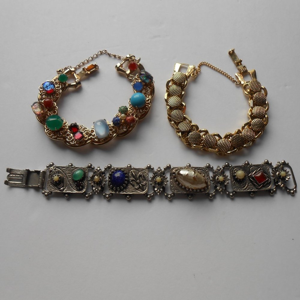 Bracelet Collection (3)  Vintage Gold & Silver Tones with Colored Stones